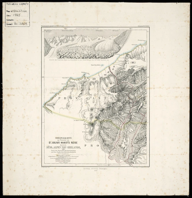 Originalkarte zur übersicht van Dr. Julius Haast's reise durch die Südl. Alpen Neu-Seelands, 1863 [cartographic material].
