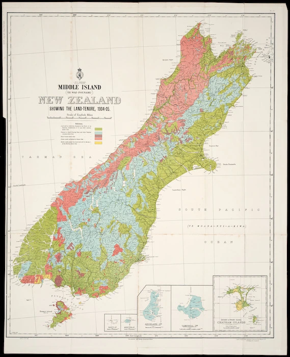 Middle Island (Te Wai-Pounamu), New Zealand [cartographic material] : showing the land-tenure, 1904-05 / G.P. Wilson, delt.
