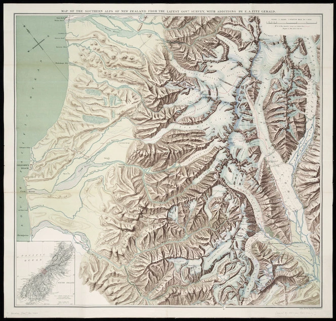 Map of the Southern Alps of New Zealand from the latest Government survey [cartographic material] / with additions by E.A. FitzGerald.
