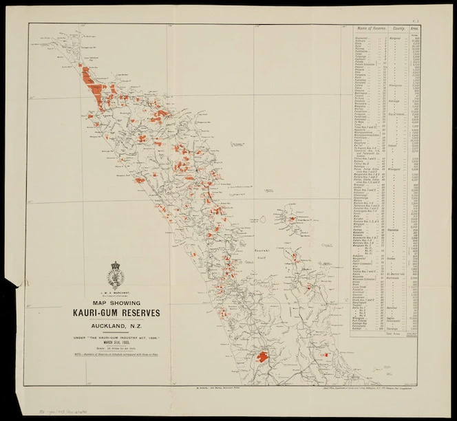 Map showing kauri-gum reserves, Auckland, N.Z. [cartographic material] : under "The Kauri-gum Industry Act, 1898", March 31st, 1903.