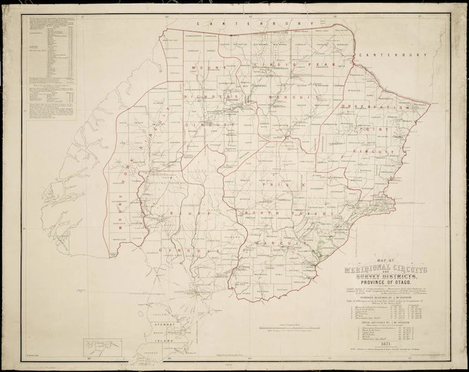 Map of meridional circuits and survey districts, province of Otago [cartographic material] : 1871 / standard bearings by J. McKerrow ; check latitudes by J. McKerrow ; W. Spreat. Lith. ; J.T. Thomson, chief surveyor.