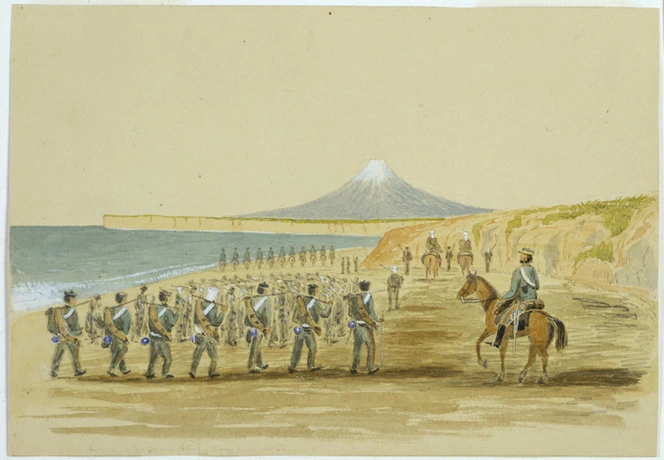 Hamley, Joseph Osbertus, 1820-1911 :[March on the beach between Wanganui and Taranaki. A stroll on the beach, Mount Egmont in the distance after marching all night. Wanganui Campaign. 16 February 1856]