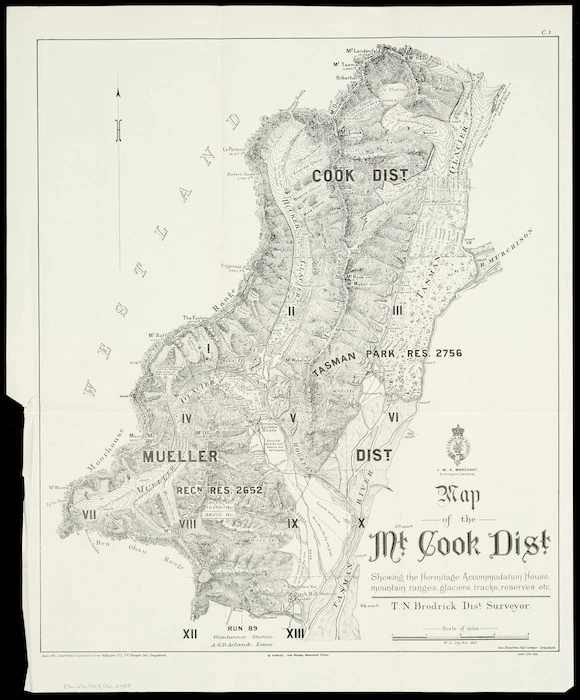 Map of the Mt. Cook Dist. [cartographic material] : shewing the Hermitage accommodation house, mountain ranges, glaciers, tracks, reserves, etc. / T.N. Brodrick, dist. surveyor ; W.A. Styche, del.