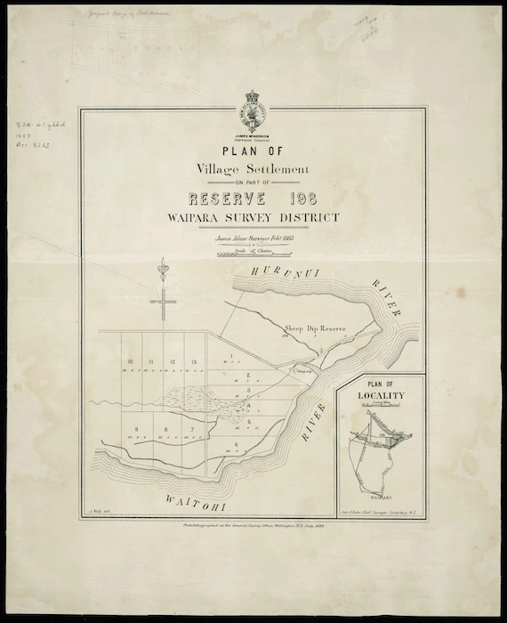 Plan of village settlement on part of Reserve 198, Waipara Survey District [cartographic material] / James Adam, surveyor, Feby. 1883.