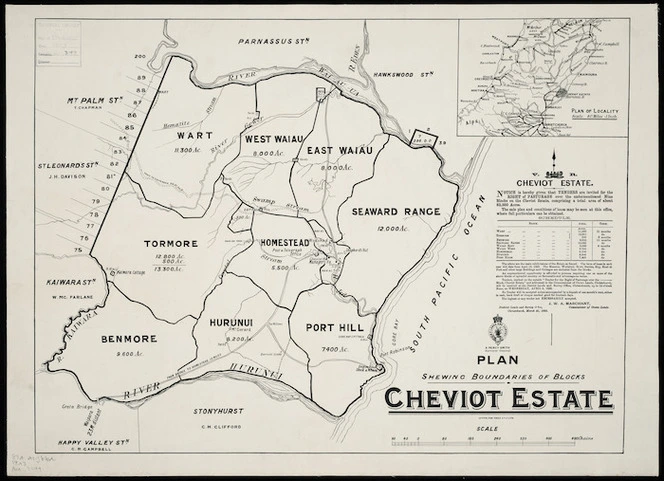 Plan shewing boundaries of blocks, Cheviot Estate [cartographic material].