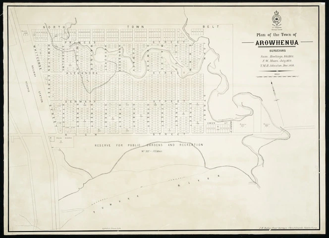 Plan of the town of Arowhenua [cartographic material] / [surveyed by] Sam Hewlings, Feb. 1864. F.W. Moore, July 1874. T.M.H. Johnston, Dec. 1878.