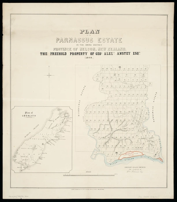 Plan of the Parnassus Estate in the Amuri District, Province of Nelson, New Zealand [cartographic material] : the freehold property of Geo. Alex. Anstey Esqr.