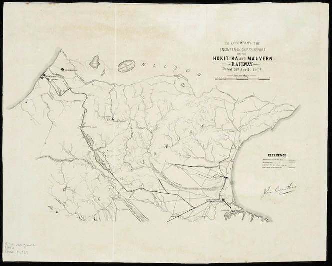 To accompany the Engineer in Chief's report on the Hokitika and Malvern railway, dated 20th April, 1874 [cartographic material].