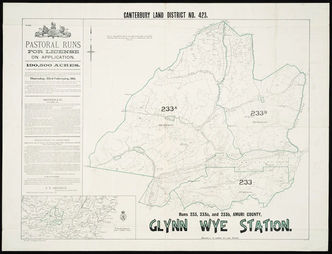 Glynn Wye Station [cartographic material] : Canterbury Land District no. 423, runs 233, 233a and 233b, Amuri County.