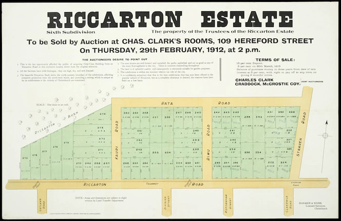Riccarton Estate [cartographic material] : sixth subivision, the property of the Trustees of the Riccarton Estate to be sold by auction at Chas. Clark's rooms ... 29th February, 1912 / Hanmer & Webb, surveyors.