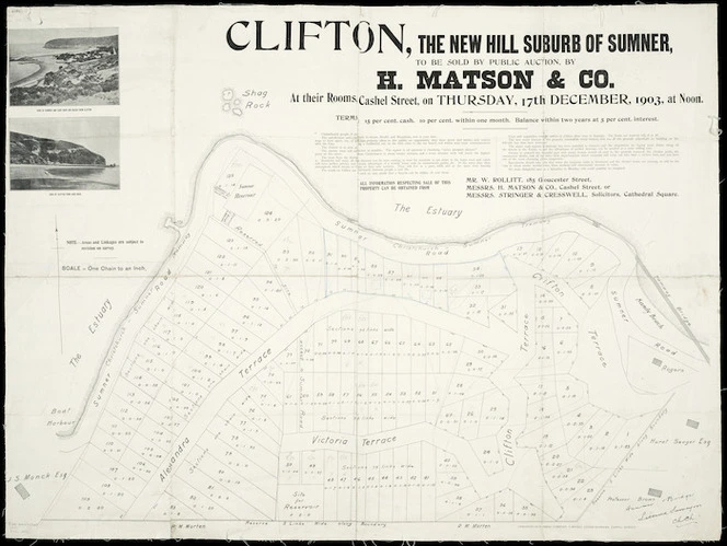 Clifton, the new hill suburb of Sumner to be sold by public auction by H. Matson & Co. 1903 [cartographic material] / Hanmer & Bridge, surv.