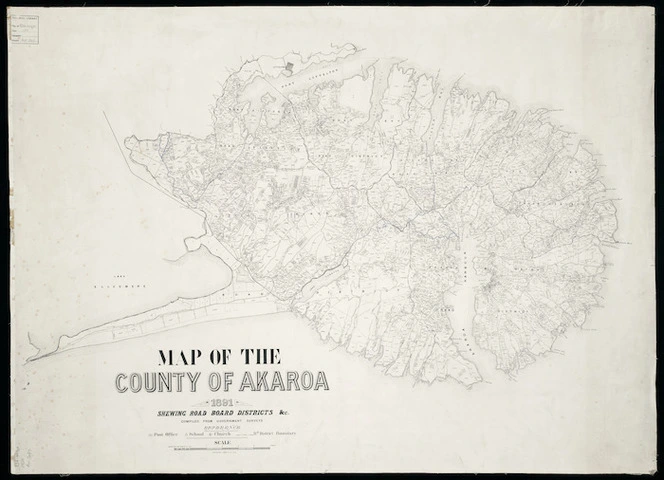 Map of the County of Akaroa, 1891, shewing Road Board districts etc. ... [cartographic material].