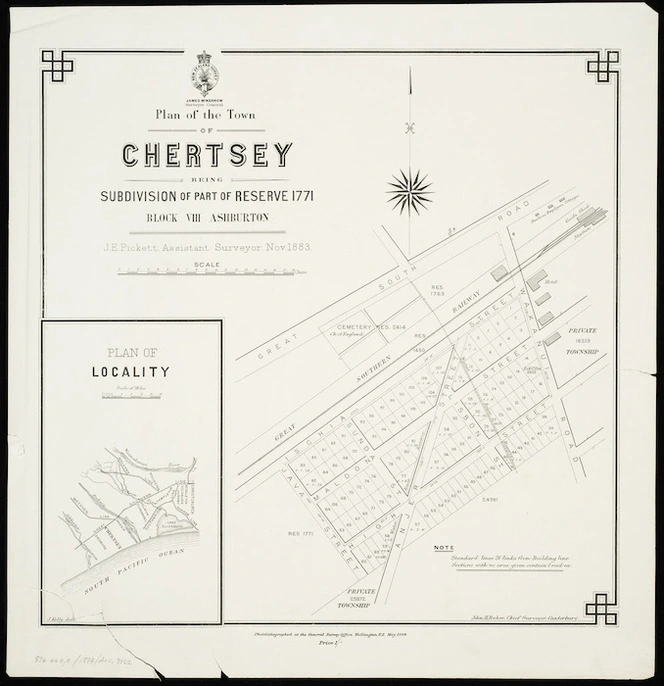 Plan of the town of Chertsey [cartographic material] : being subdivision of part of Reserve 1771, Block VIII, Ashburton / J.E. Pickett, assistant surveyor, Nov. 1883 ; J. Kelly delt.