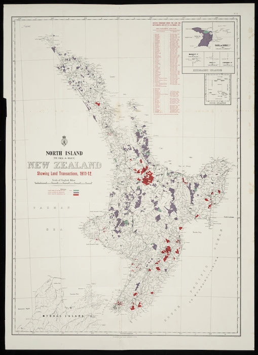North Island (Te Ika-a-Māui), New Zealand showing land transactions 1911-12 [cartographic material]. South Island (Te Wai-Pounamu), New Zealand showing land transactions 1911-12.