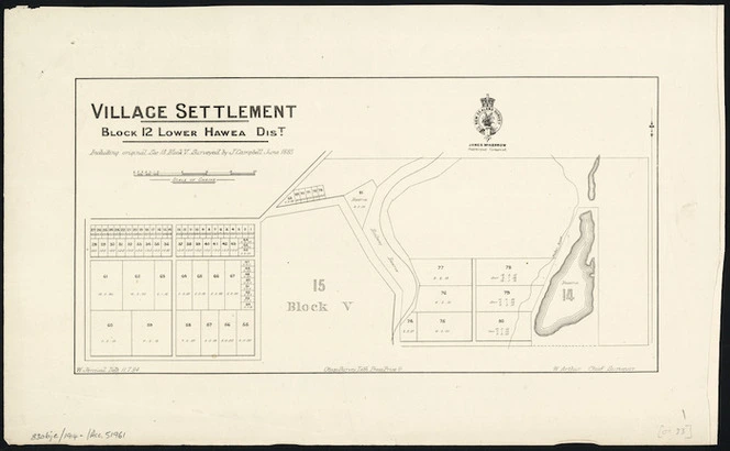 Village settlement. Block 12 Lower Hawea Dist. [cartographic material] : including original Sec. 13, Block V ; surveyed by J. Campbell, June 1883 / W. Percival, Delt. 11.7.84 ; W. Arthur, Chief surveyor.