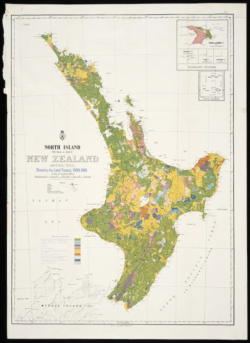 North Island (Te Ika-a-Maui) New Zealand (Aotea-roa) [cartographic material] : showing the land tenure, 1909-1910.
