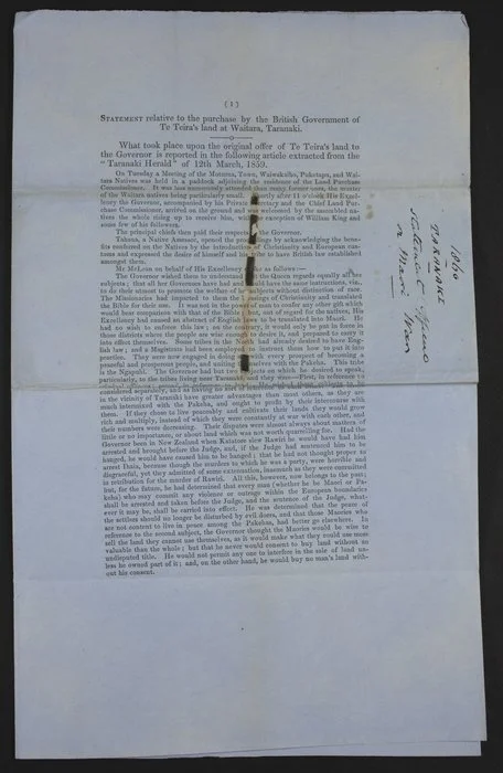 Official printed statement regarding the Waitara land dispute