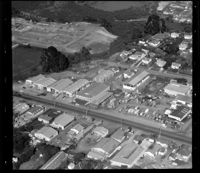 Unidentified factories and residential houses in Manurewa-Papakura area, Auckland, including timber yard and lot filled with trucks
