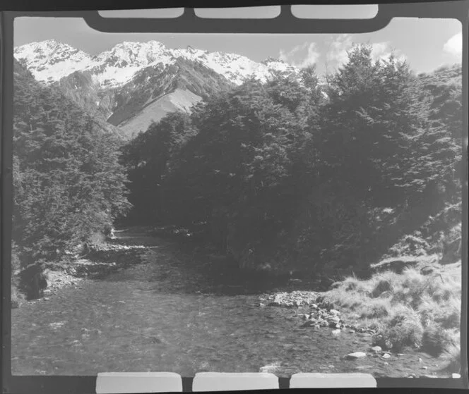 Lake Ohau, Central Otago, looking up snow fed river next to fenced off road, with native trees on riverbank, to snow covered mountains beyond