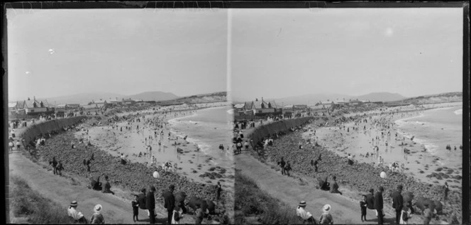 Crowded beach scene [St Clair beach?], Dunedin area, Otago Region