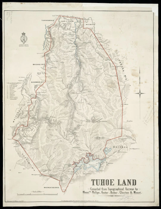 Tūhoe land [cartographic material] / compiled from topographical surveys by Messrs. Philips, Foster, Baber, Clayton & Mouat.