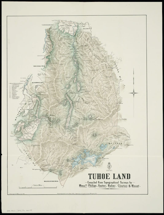 Tūhoe land [cartographic material] / compiled from topographical surveys by Messrs. Philips, Foster, Baber, Clayton & Mouat ; drawn by G.P. Wilson.