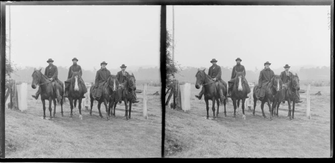 Unidentified men on horseback, Catlins area, Clutha District, Otago Region