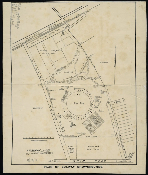 Plan of Solway Showgrounds [cartographic material] / A.P. Rawson, authorised surveyor, Masterton.