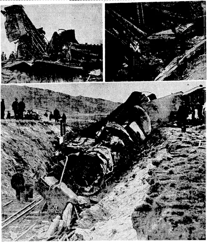 The railway accident on the Otago Central railway line, near Hyde. Above, vieivs of the wreckage. Below, the wrecked engine and carriages in the cutting. When the photograph was being taken raihvay workers were clearing the ivreckage and laying a temporary line for the breakdown crane. (Evening Post, 08 June 1943)