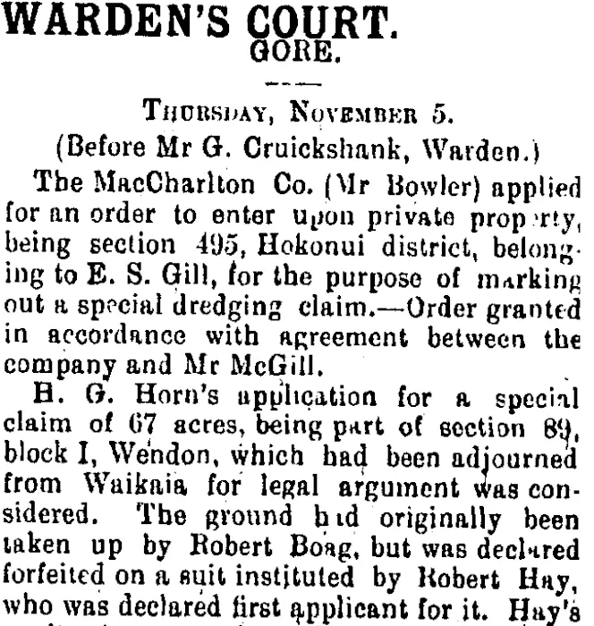 WARDEN'S COURT. (Mataura Ensign 7-11-1903)