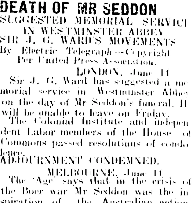 DEATH OF MR SEDDON. (Mataura Ensign 15-6-1906)