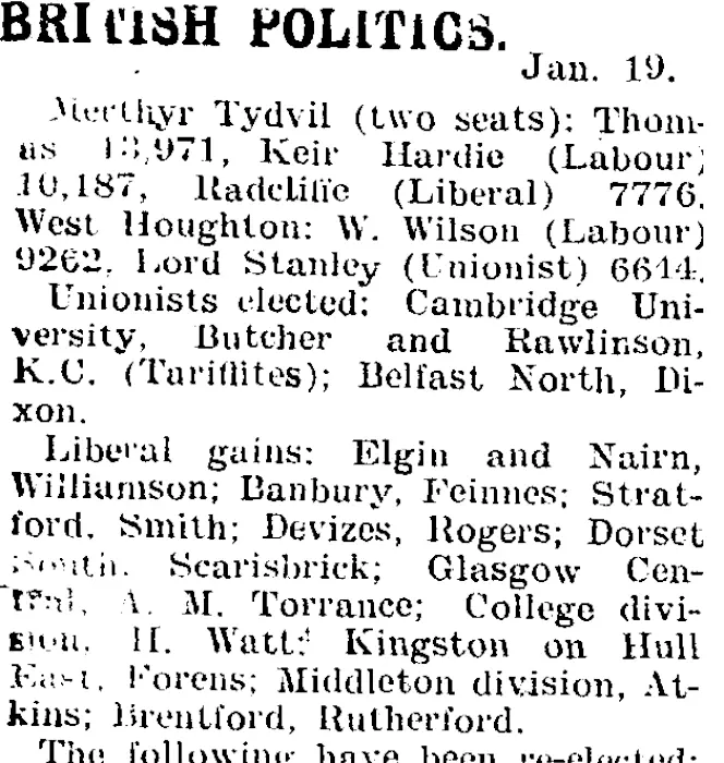 BRITISH POLITICS. (Mataura Ensign 23-1-1906)