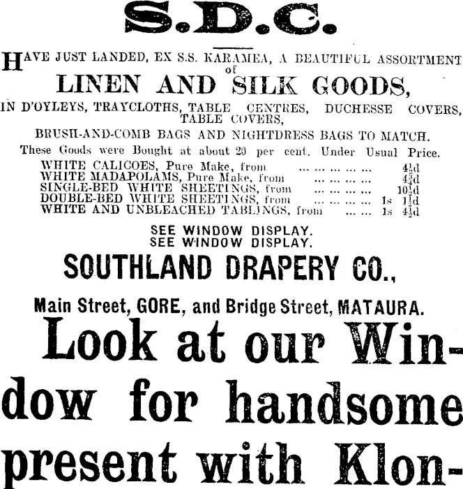 Page 1 Advertisements Column 2 (Mataura Ensign 28-9-1907)