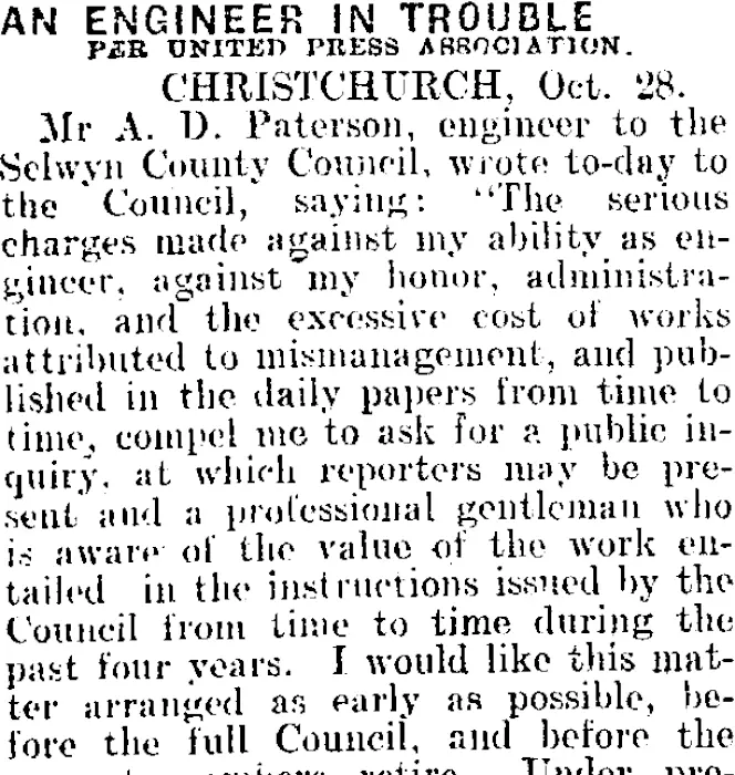 AN ENGINEER IN TROUBLE. (Mataura Ensign 28-10-1908)