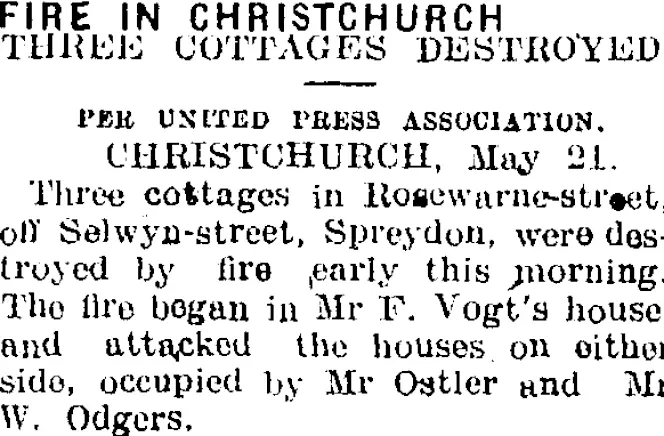 FIRE IN CHRISTCHURCH. (Mataura Ensign 22-5-1909)