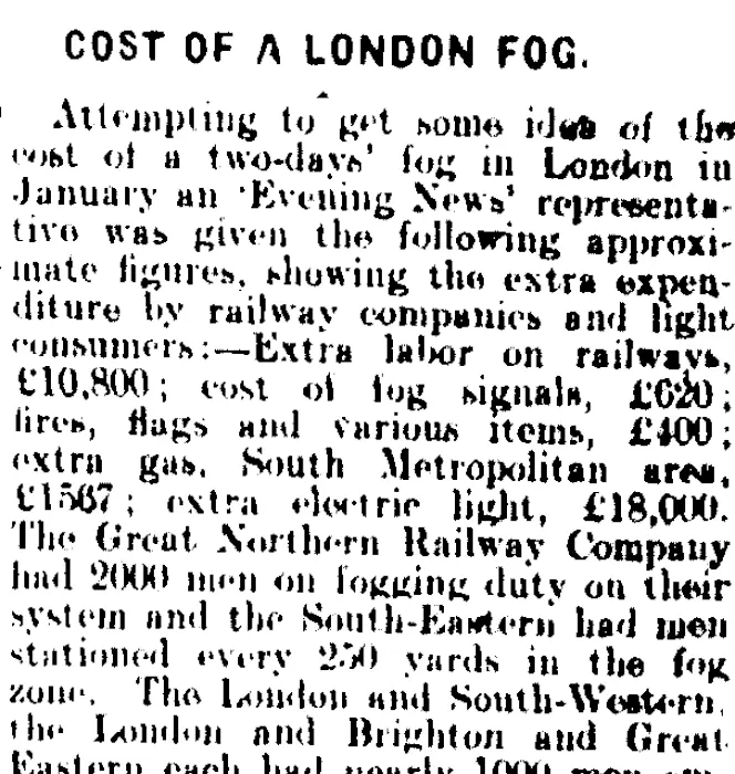 COST OF A LONDON FOG. (Mataura Ensign 18-3-1909)