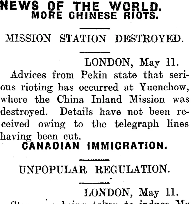 NEWS OF THE WORLD. (Mataura Ensign 12-5-1910)