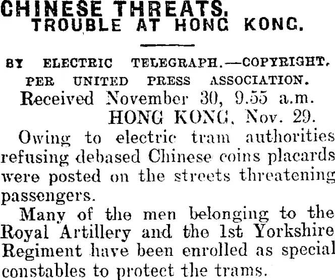 CHINESE THREATS. (Mataura Ensign 30-11-1912)