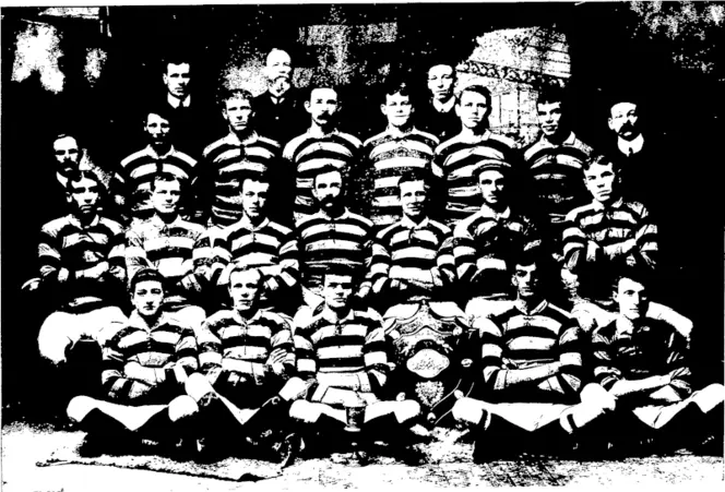 THE MELROSE FOOTBALL CLUB'S SENIOR TEAM,  Winners of Wellington Rugby Union's Senior Championship and Charity Cup, 1908.  Back Row.—D. Gilchrist (Coach), T. Spencer (Vice-P'resident), J. Paterson (Treasurer).  Second Bow — 'i H Fullford (Patron), D. Sullivan, W. S. Adams, J. Spencer, A. H. Cameron, J. Murphy, J. DeBlois, A. G. Warwick [Secretary).  Third Roiv.-G. Hamilton, J. W. Murphy, B. King, G. Spencer (Captain), D. Mclnnes, L. McKay, H. Dewar.  Front Row.- C. Greeks, W. Church, C Murphy, J. Marshall, H. Beavis  —J. N. Isaacs, Photo. (New Zealand Free Lance, 05 September 1908)