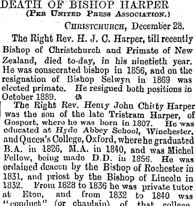 DEATH OF BISHOP HAMPER. (Otago Daily Times 29-12-1893)