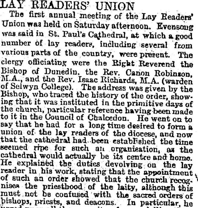 LAY READERS' UNION. (Otago Daily Times 5-11-1895)