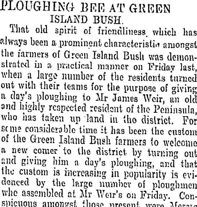 PLOUGHING- BEE AT GREEN ISLAND BUSH. (Otago Daily Times 21-7-1902)