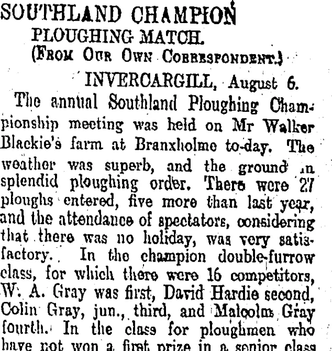 SOUTHLAND CHAMPION PLOUGHING MATCH. (Otago Daily Times 7-8-1902)