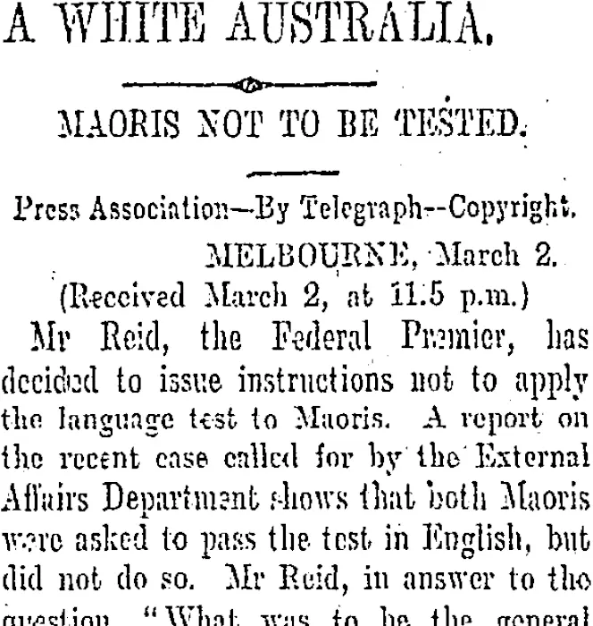 A WHITE AUSTRALIA. (Otago Daily Times 3-3-1905)