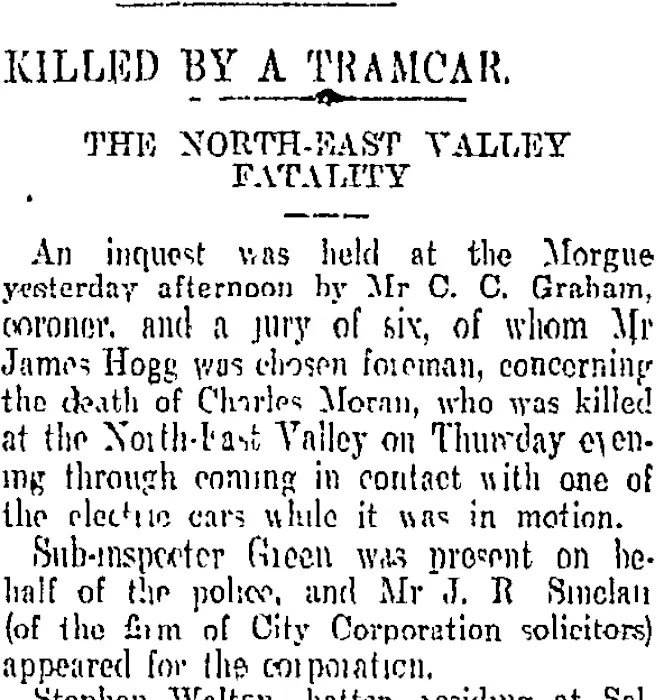 KILLED BY A TRAMCAR. (Otago Daily Times 20-5-1905)
