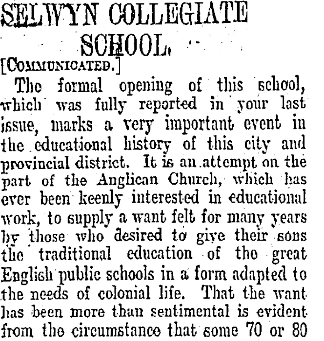 SELWYN COLLEGIATE SCHOOL. (Otago Daily Times 21-9-1905)