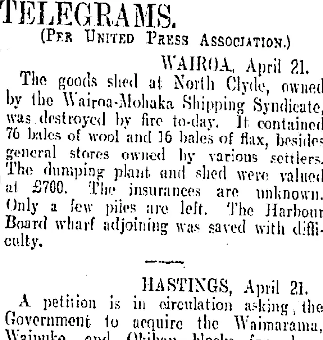 TELEGRAMS. (Otago Daily Times 23-4-1906)
