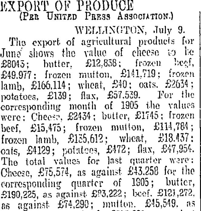 EXPORT OF PRODUCE. (Otago Daily Times 10-7-1906)