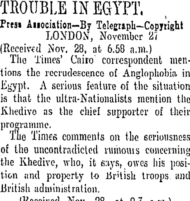 TROUBLE IN EGYPT. (Otago Daily Times 29-11-1906)