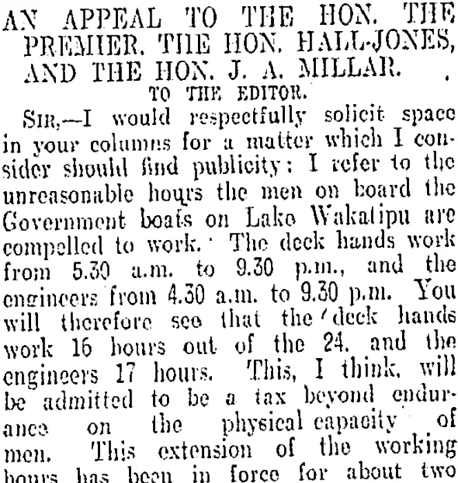 AN APPEAL TO THE HON. THE PREMIER. THE HON. HALL-JONES, AND THE HON. J. A. MILLAR. (Otago Daily Times 29-11-1906)